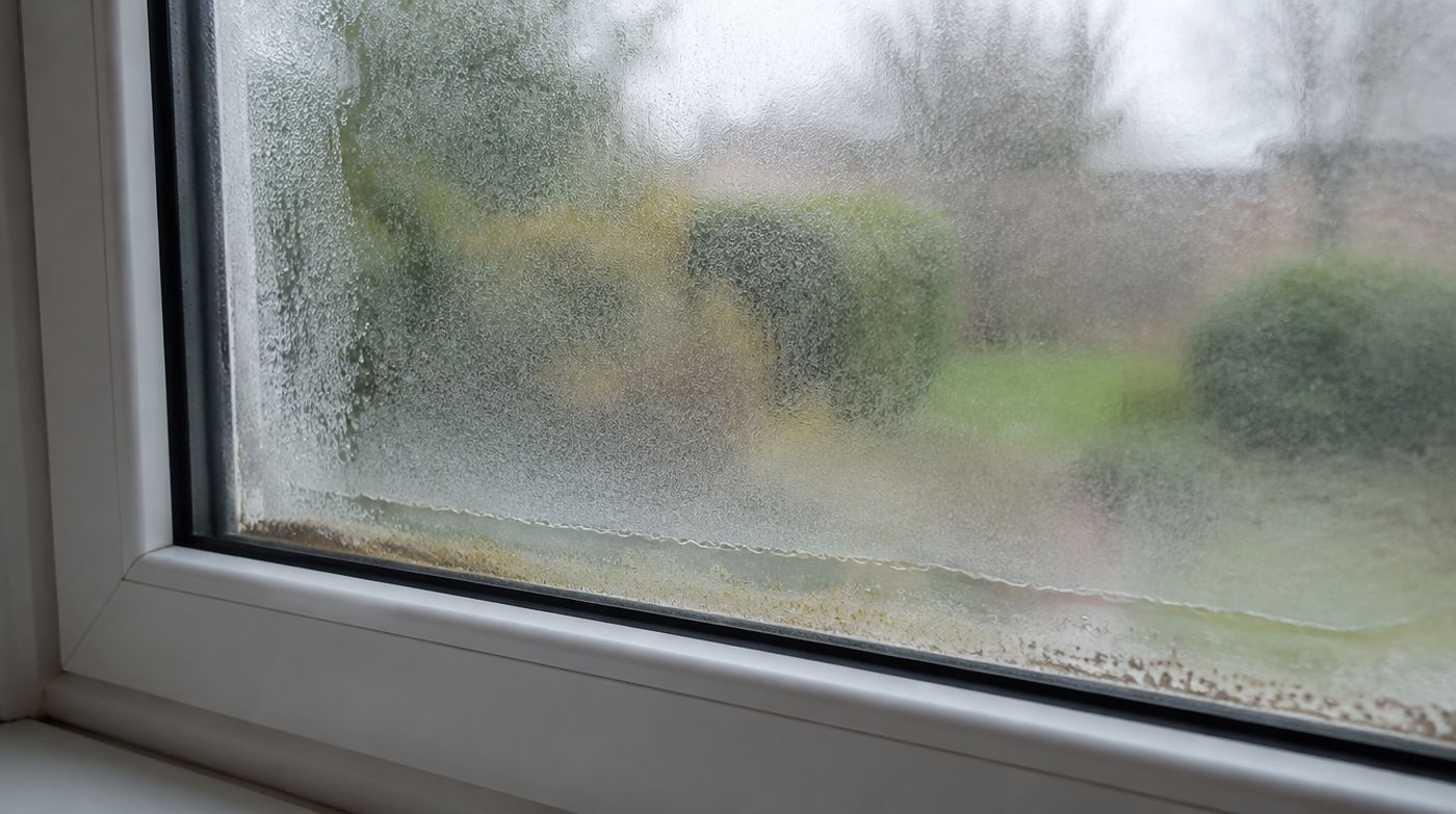 A failed double glazed unit seen from inside, with condensation and a mineral tide mark trapped between the two panes