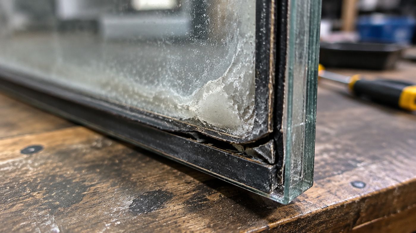 The corner of a failed sealed unit, the perimeter seal cracked and shrunken away from the glass