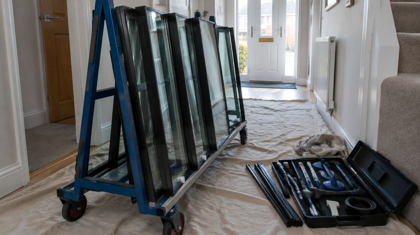 Several replacement sealed units in an A-frame trolley in a hallway, ready for a multi-window job