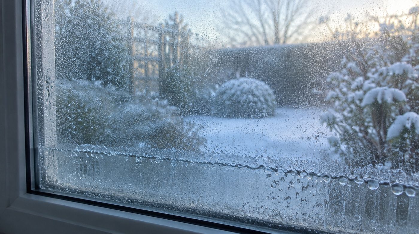 Condensation droplets trapped between the two panes of a cold window, with a tide line across the glass