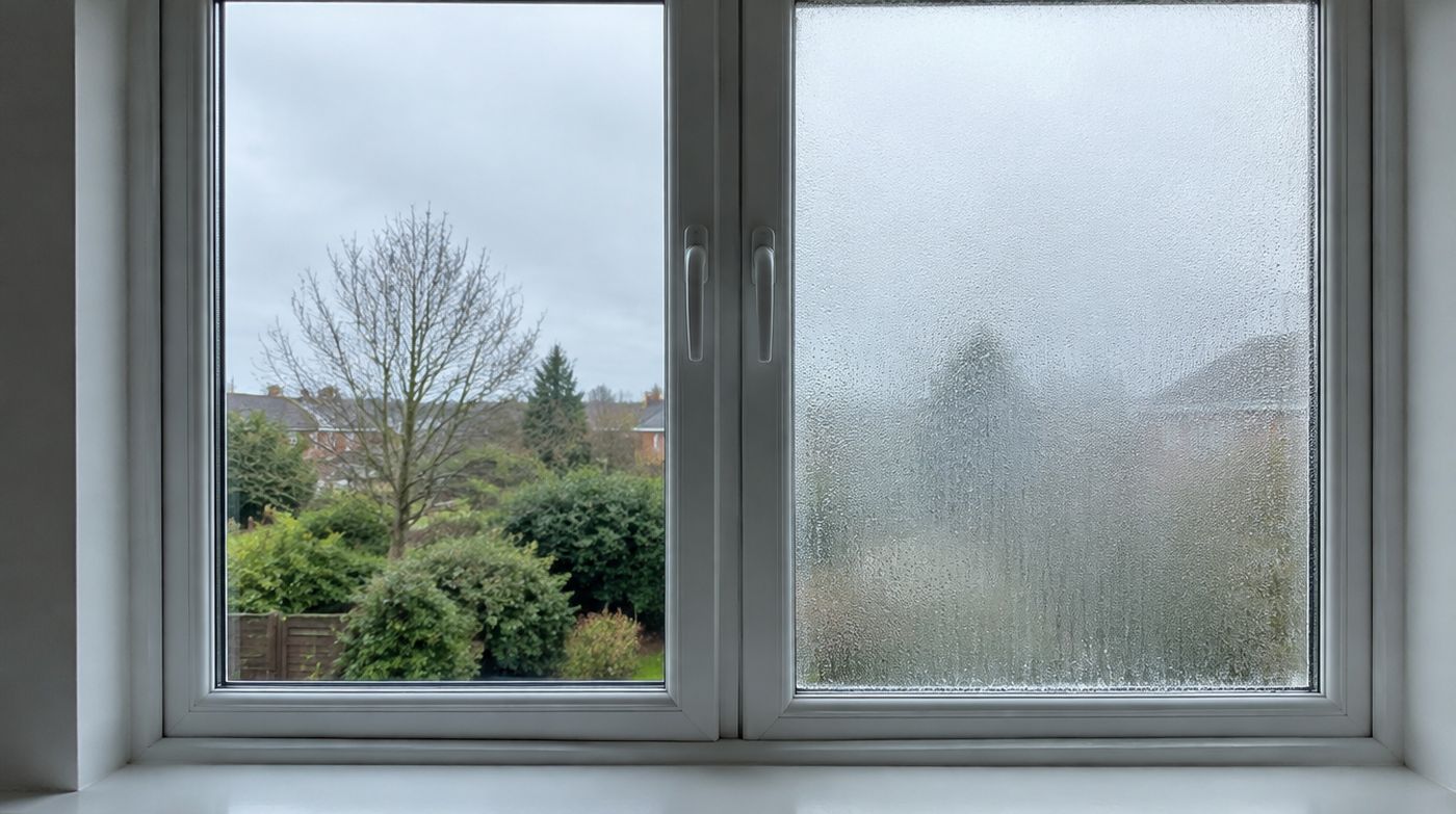 A uPVC window with one clear pane and one heavily misted between the glass, side by side
