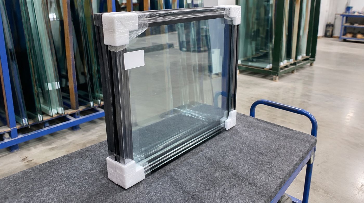 A newly made sealed unit standing on edge on a padded trolley, corner wrapped and labelled