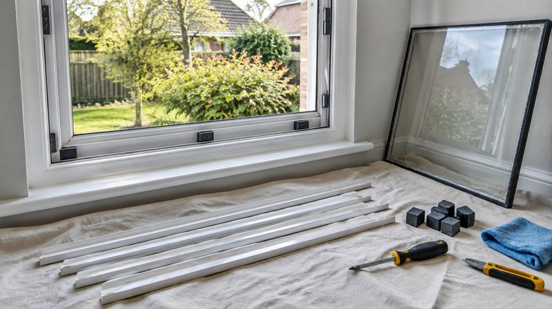 A uPVC window with the glazing beads removed and the old sealed unit lifted clear, showing the empty frame rebate