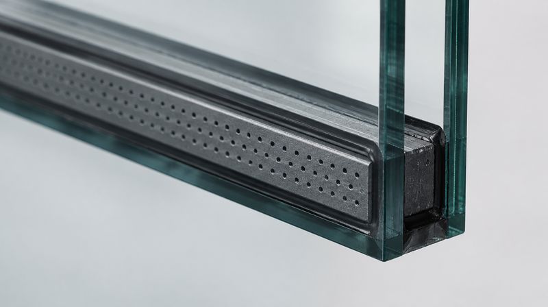 Close detail of the edge of a sealed unit showing the two panes, a warm edge spacer bar and the perimeter sealant