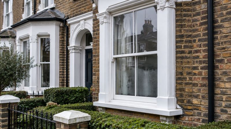 Timber sash windows on a Victorian terraced house, one showing faint misting between the panes