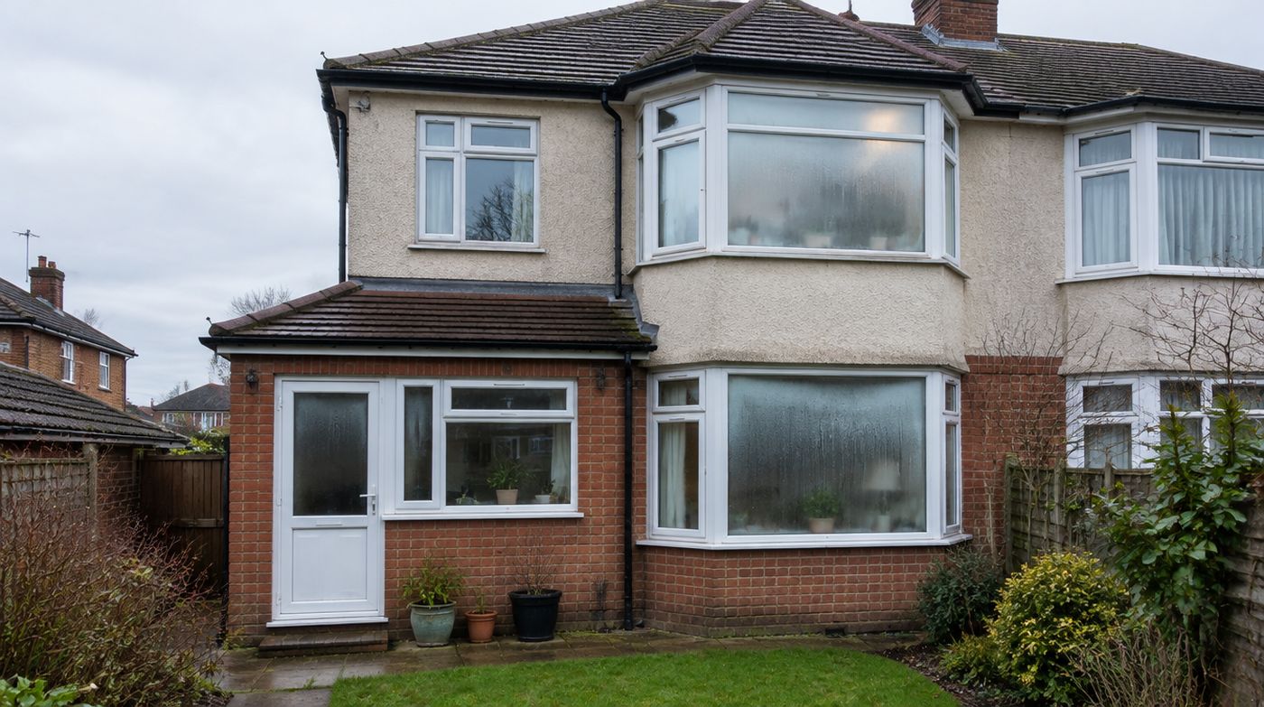 The rear of a 1930s semi detached house with uPVC double glazing, two windows showing misting between the panes