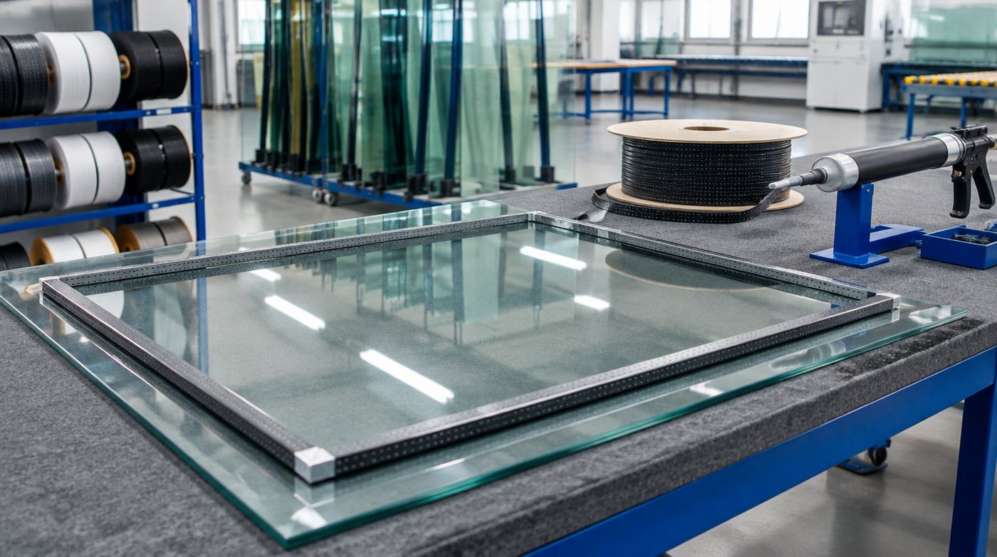 A sealed unit assembly bench with a warm edge spacer frame laid on a pane of glass in a workshop